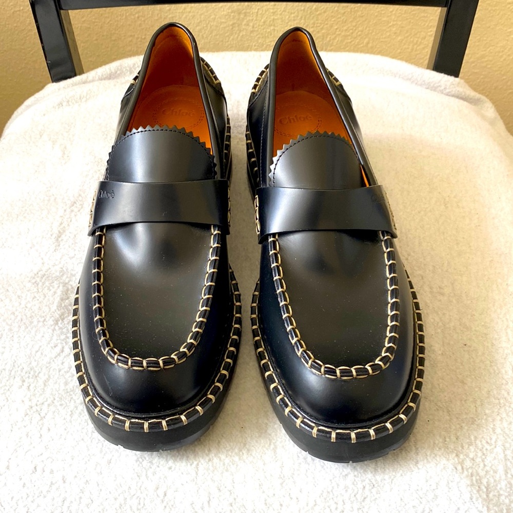 Chloe Black Loafers with Tan Stitching